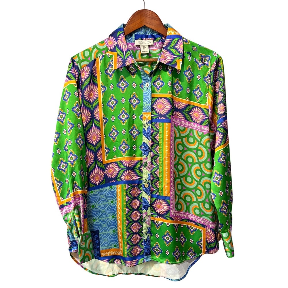 Rachel Zoe Green Patchwork Scarf Print Satin Button Down Blouse Large L